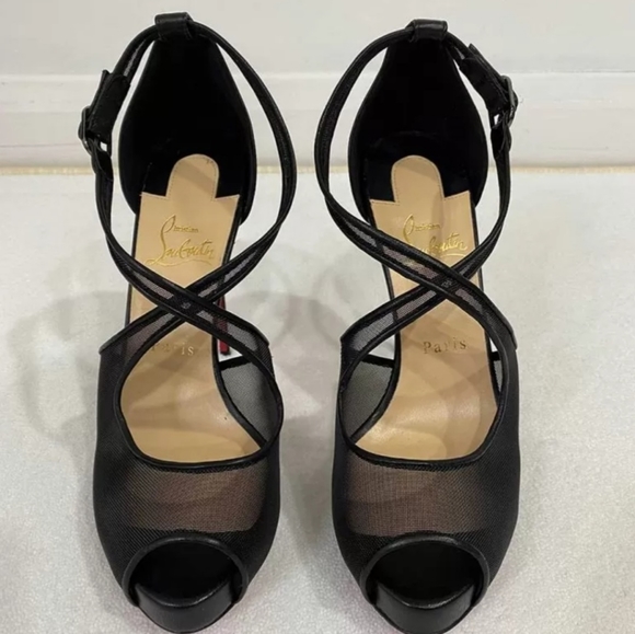 New Christian L black leather fishnet open toe platform high heels sandals - Picture 4 of 8